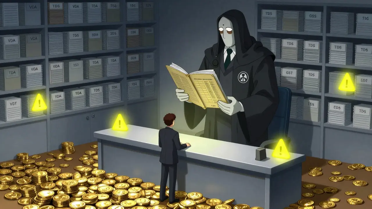 Manga-style depiction of a citizen facing a towering tax official with ledgers.
