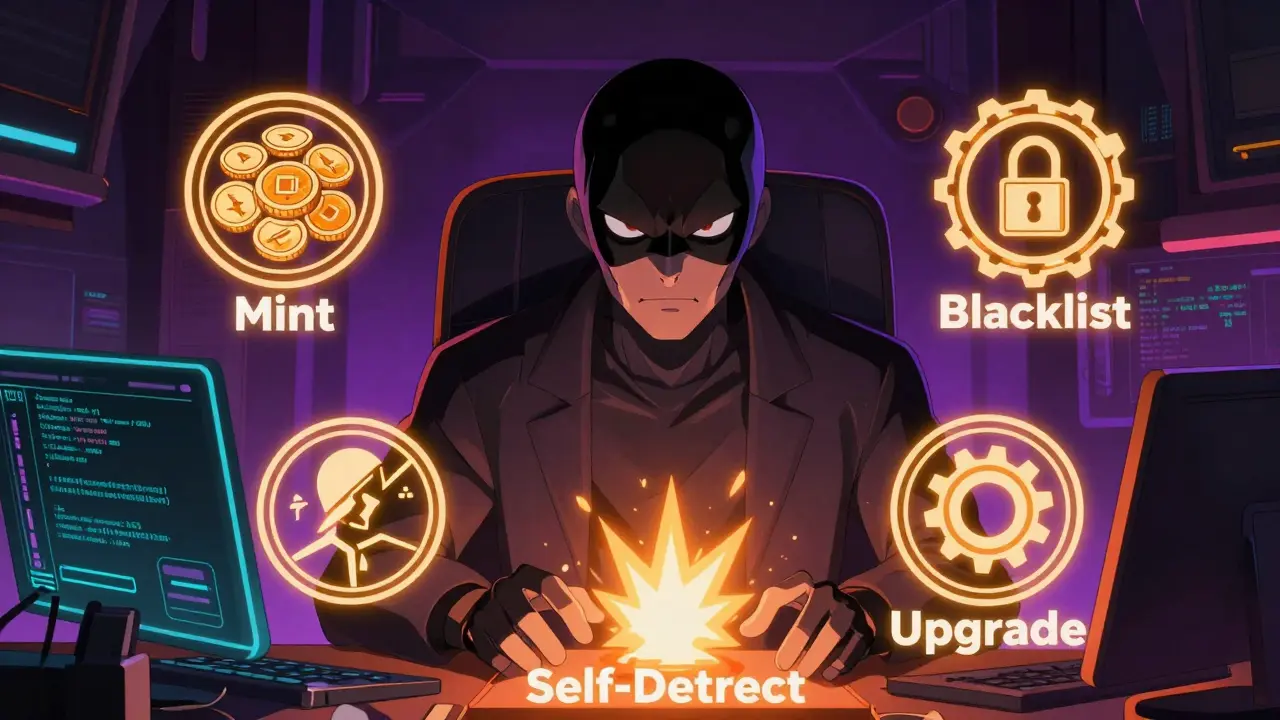 Masked anime developer manipulating dangerous smart contract runes like mint and blacklist.