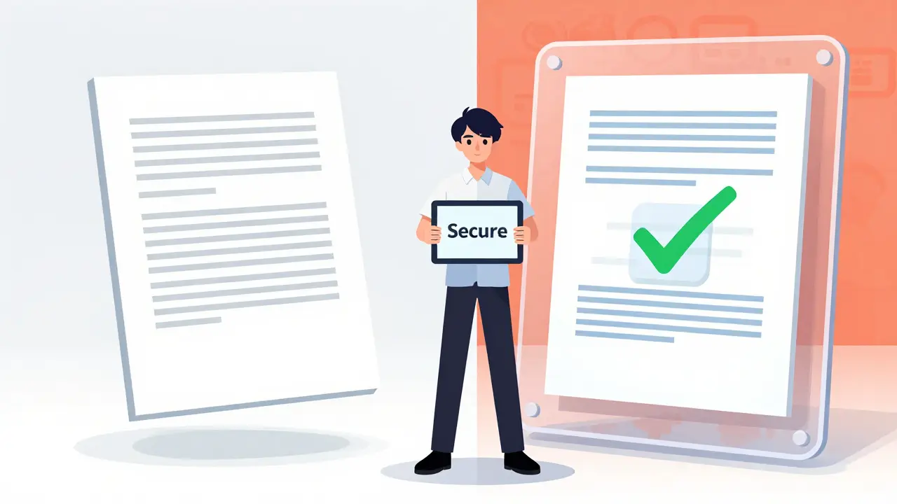 Split scene showing sanitized documents and dynamic watermarks in anime style.