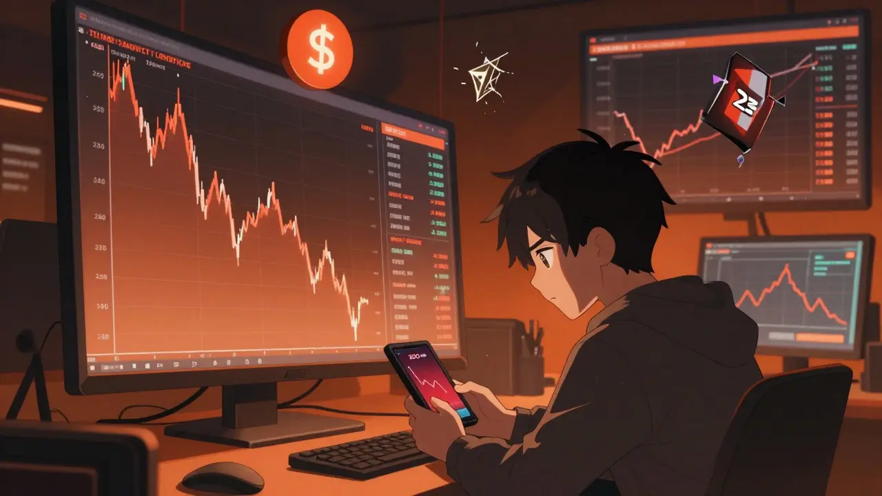 Stressed anime trader viewing low liquidity and price drop risks