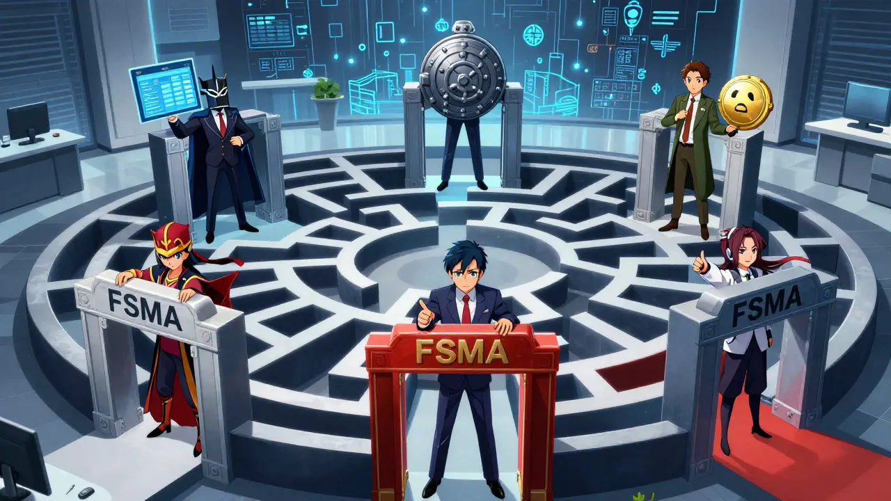 Stylized anime guardians representing the five core regulated crypto activities under FSMA.