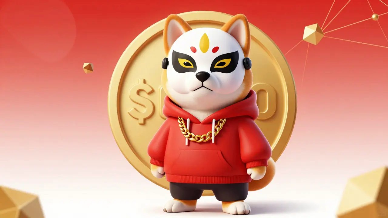 Stylized Shiba Inu in Chinese opera mask and streetwear, anime style