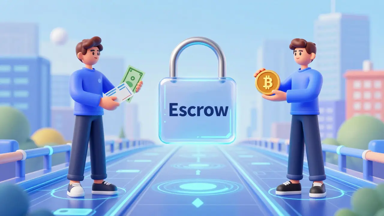Two anime figures exchanging cash for crypto via a digital escrow lock.