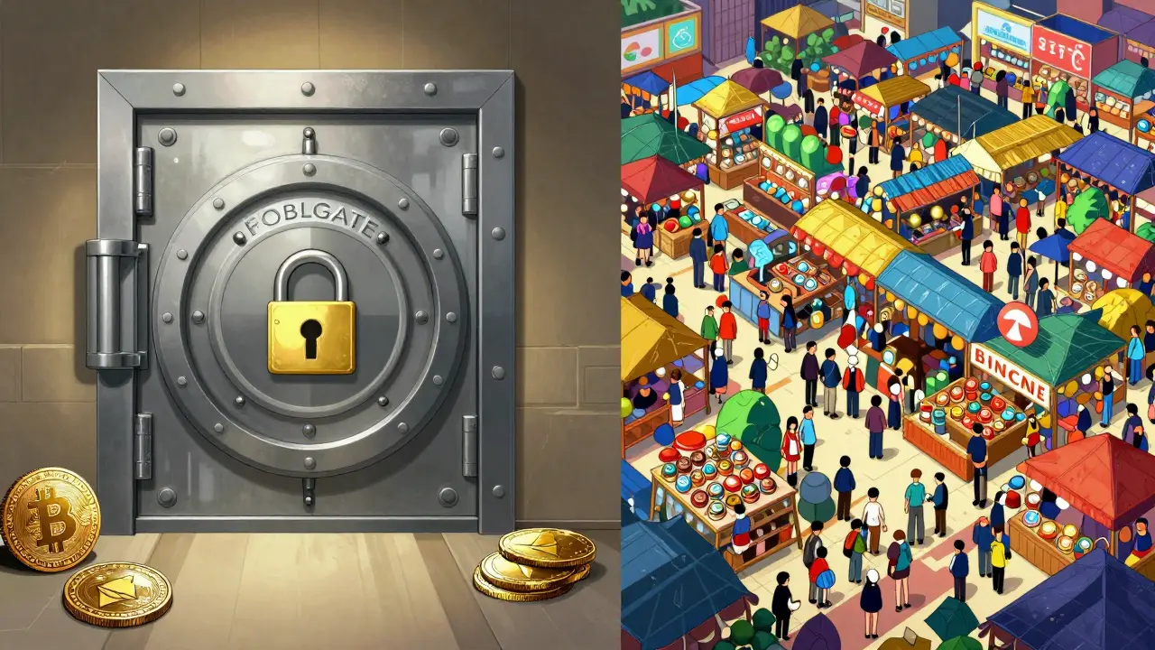 Anime art comparing secure niche exchange vs chaotic global market