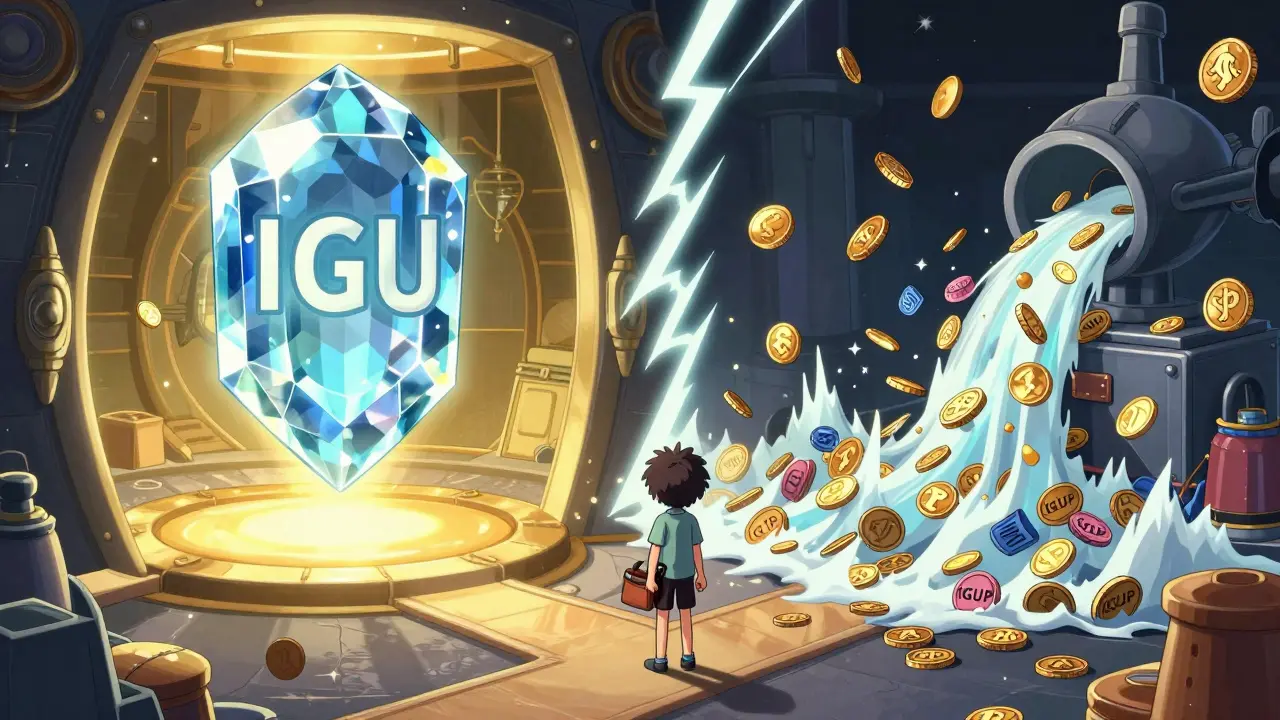 Anime art contrasting scarce IGU gems with endless IGUP coin flow