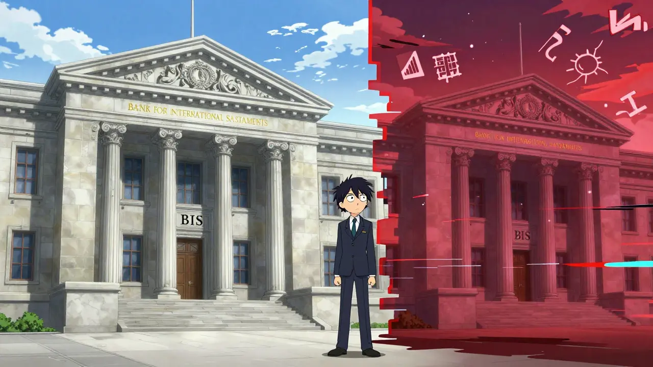 Anime art showing a real bank building versus a glitchy, fraudulent digital copy.