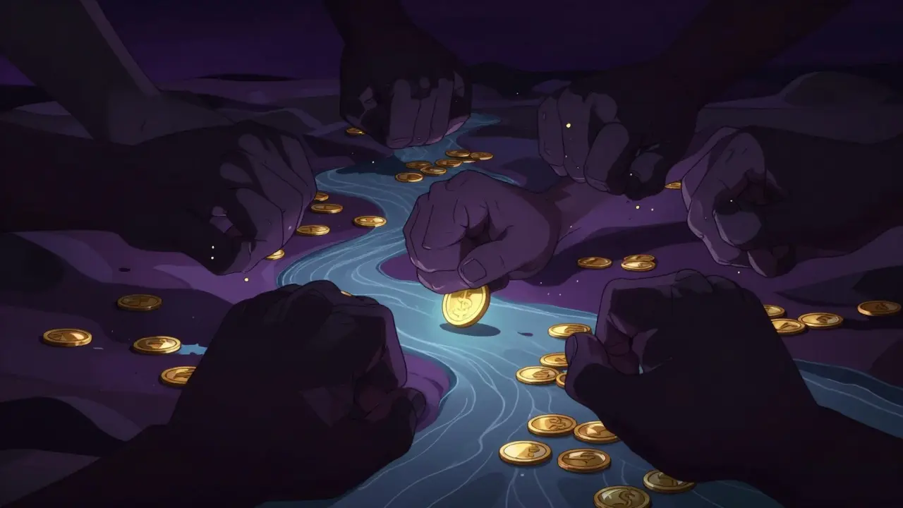 Anime art showing shadowy hands crushing a small crypto token