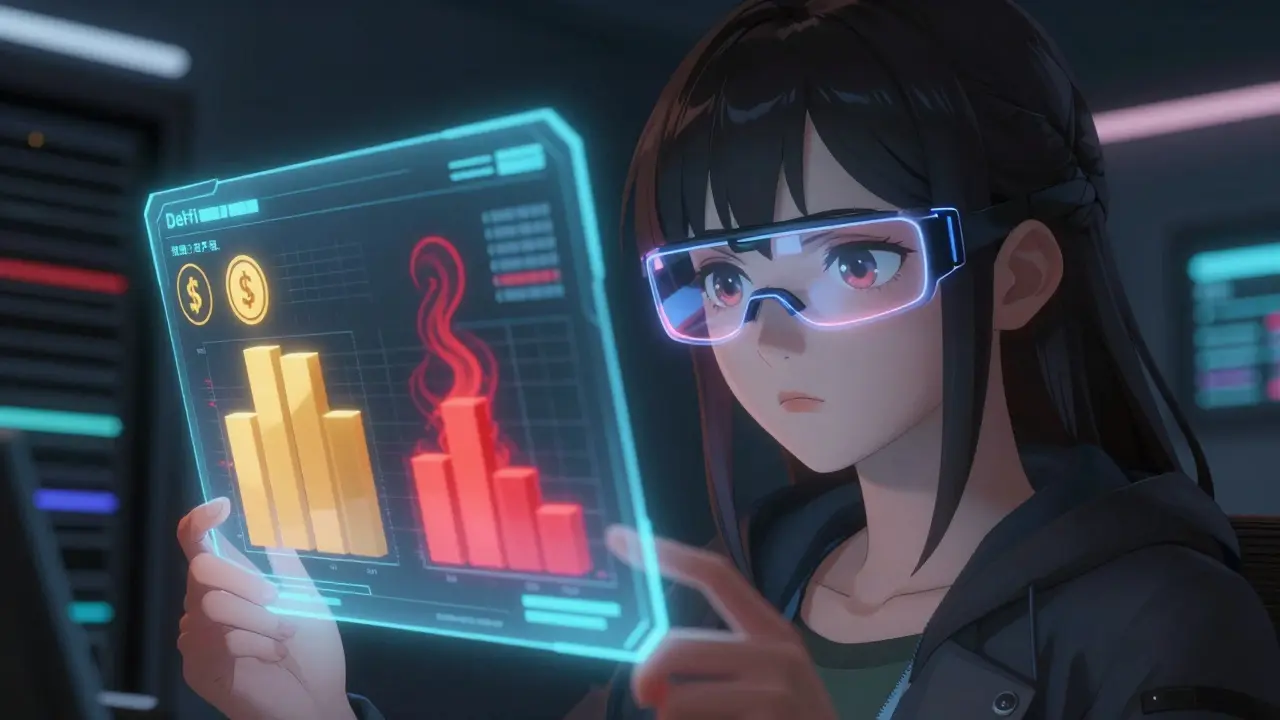 Anime character analyzing DeFi data streams in a holographic interface