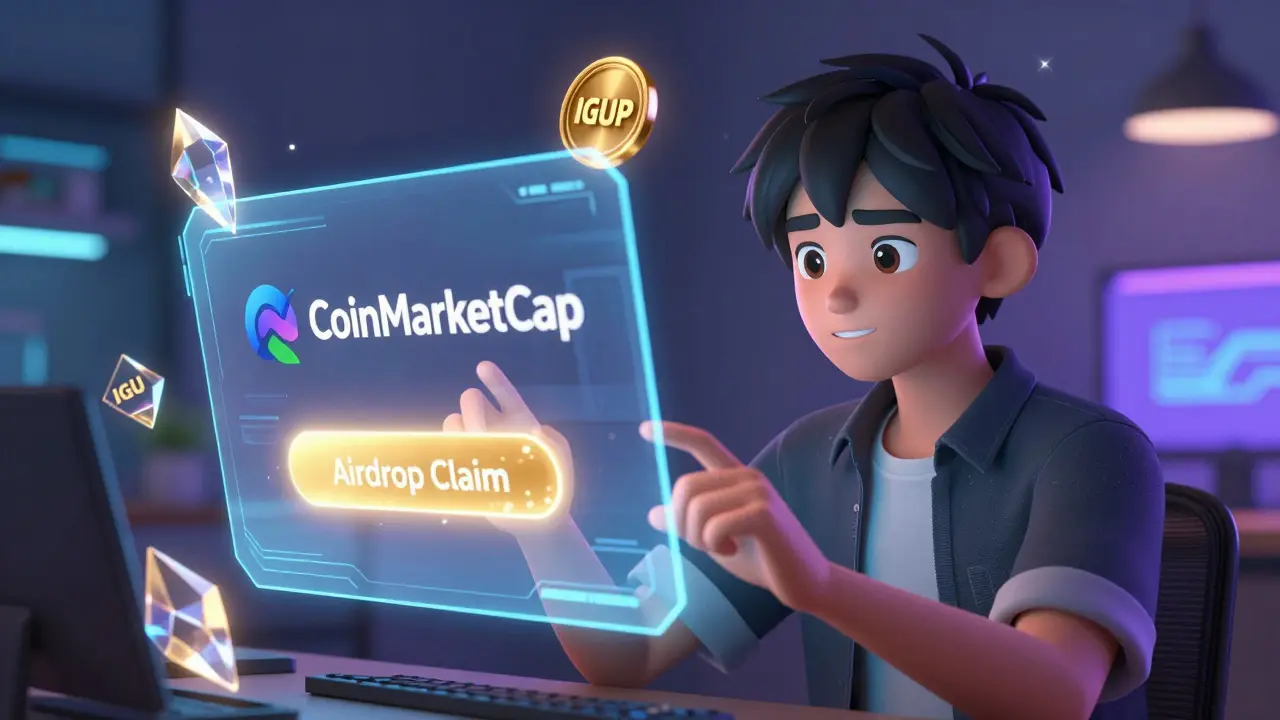 Anime character claiming crypto airdrop via holographic interface