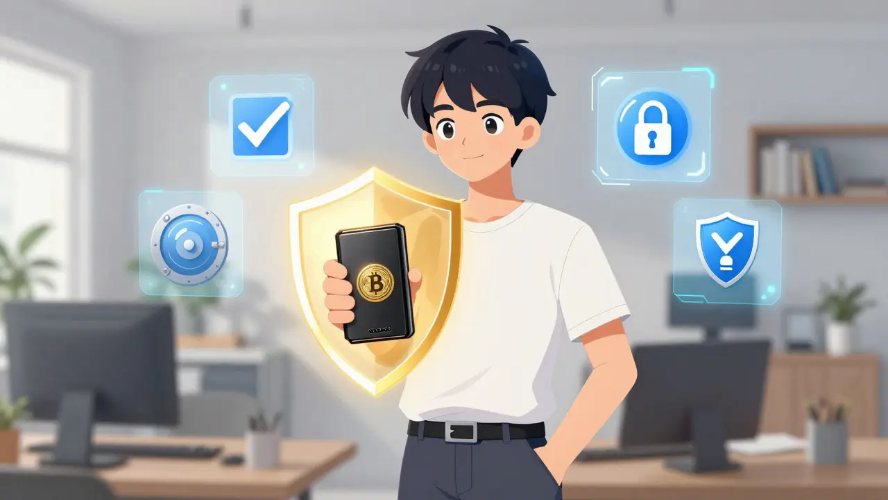 Anime character holding a hardware wallet surrounded by a protective security shield.