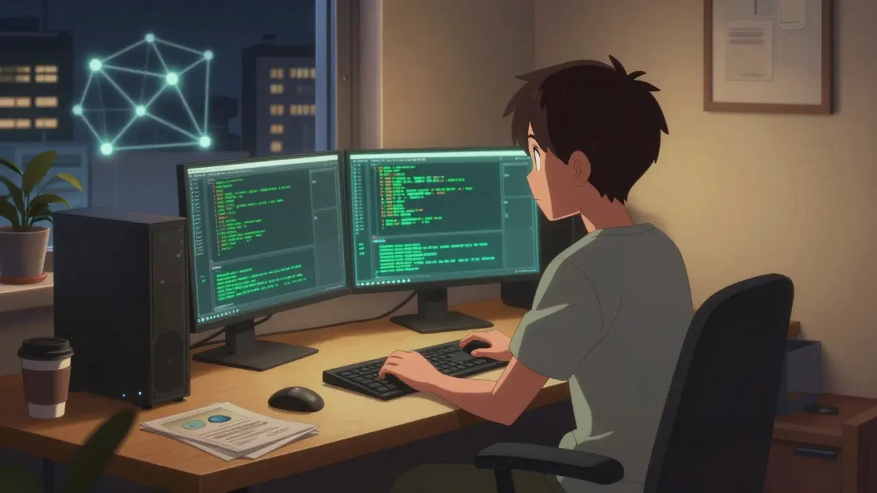 Anime character mining crypto on a standard home PC in a cozy, warm-lit room