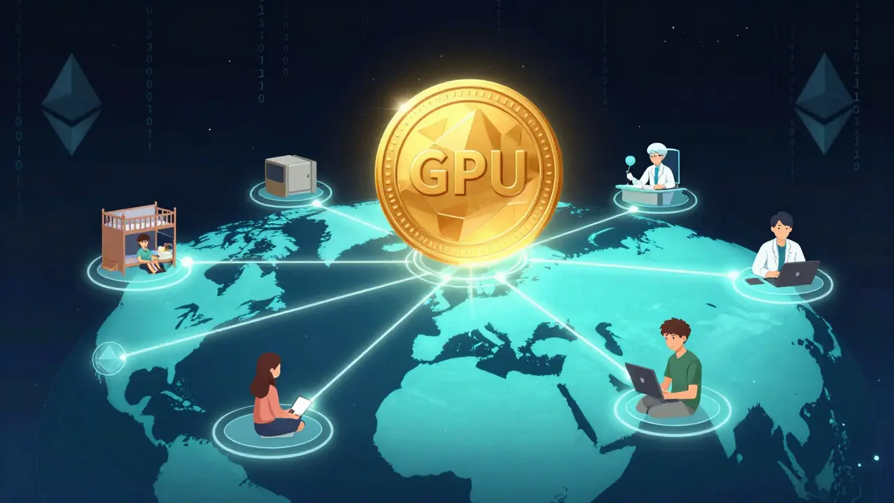 Anime concept art of a decentralized GPU network connecting users