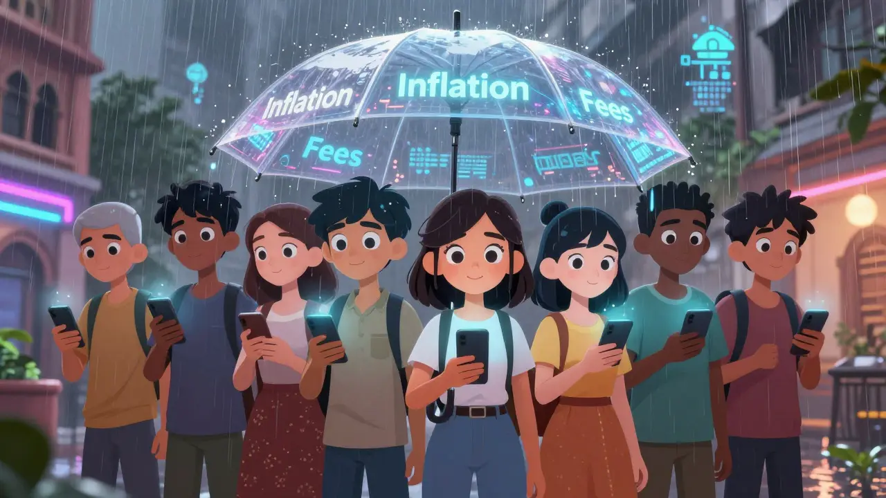 Anime group in Dhaka shielded by digital umbrella from inflation and fees while using phones.