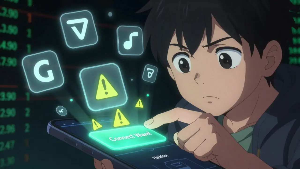 Anime hand hesitating over a flickering wallet connection button amidst risk warnings.