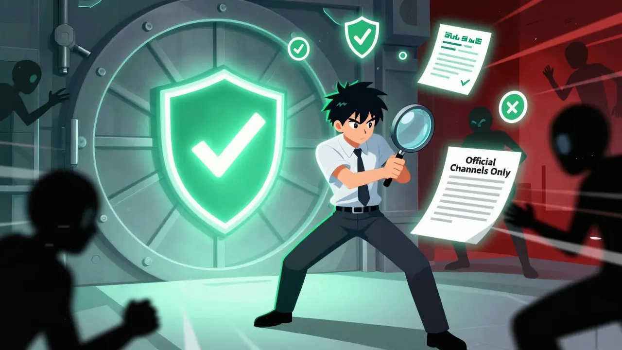 Anime hero guarding a secure vault against shadowy scam figures