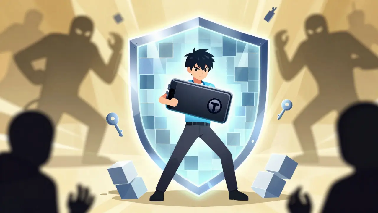 Anime hero protecting a hardware wallet with a blockchain shield against shadowy scammers.