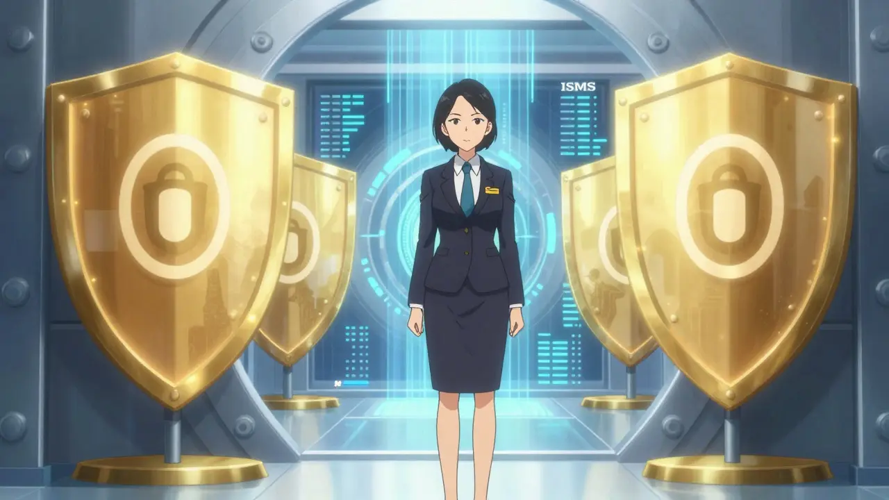 Anime regulator guarding a secure digital vault with glowing shields