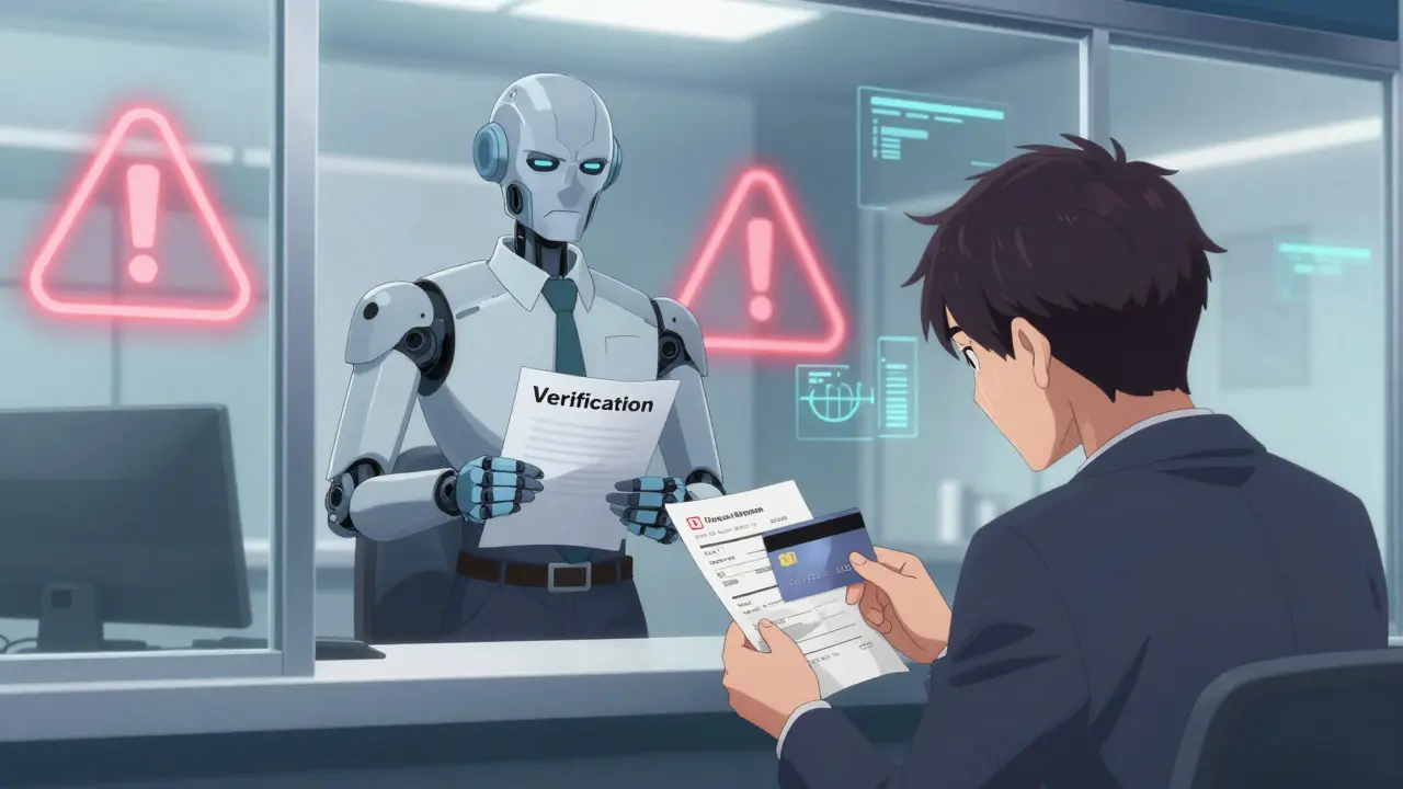 Anime scene of frustrated customer facing strict bank officer