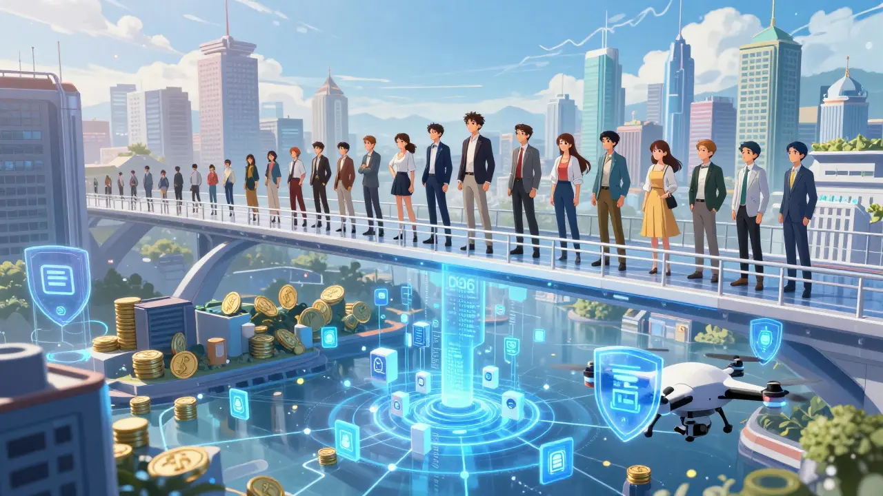 Anime scene of tokenizing real world assets in a futuristic digital bridge