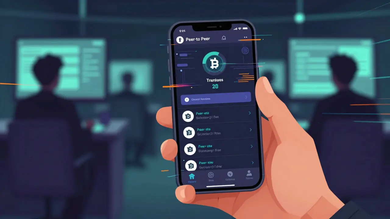 Anime style close-up of hands using P2P crypto app with glitch effects and shadowy regulators.