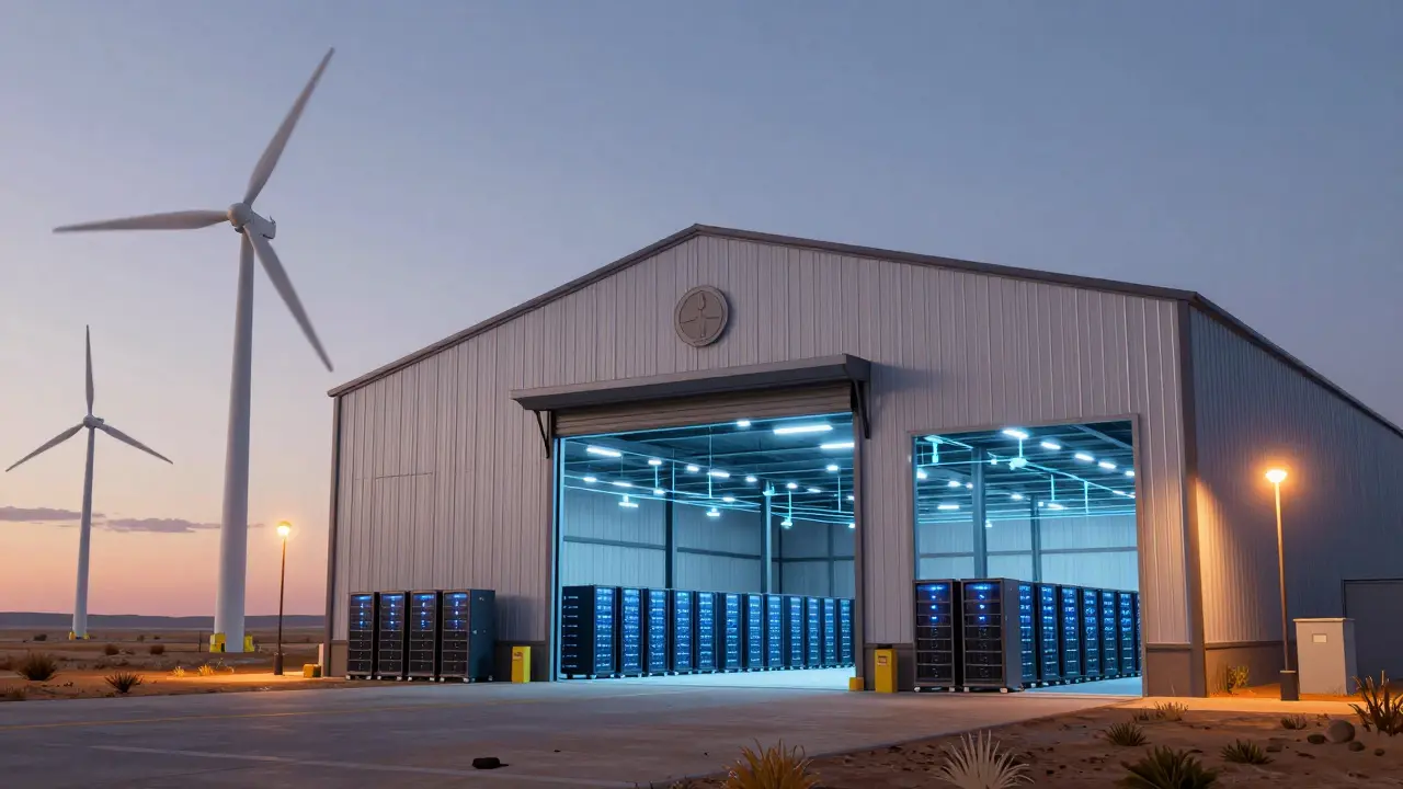 Anime style warehouse with mining servers and wind turbines in Texas