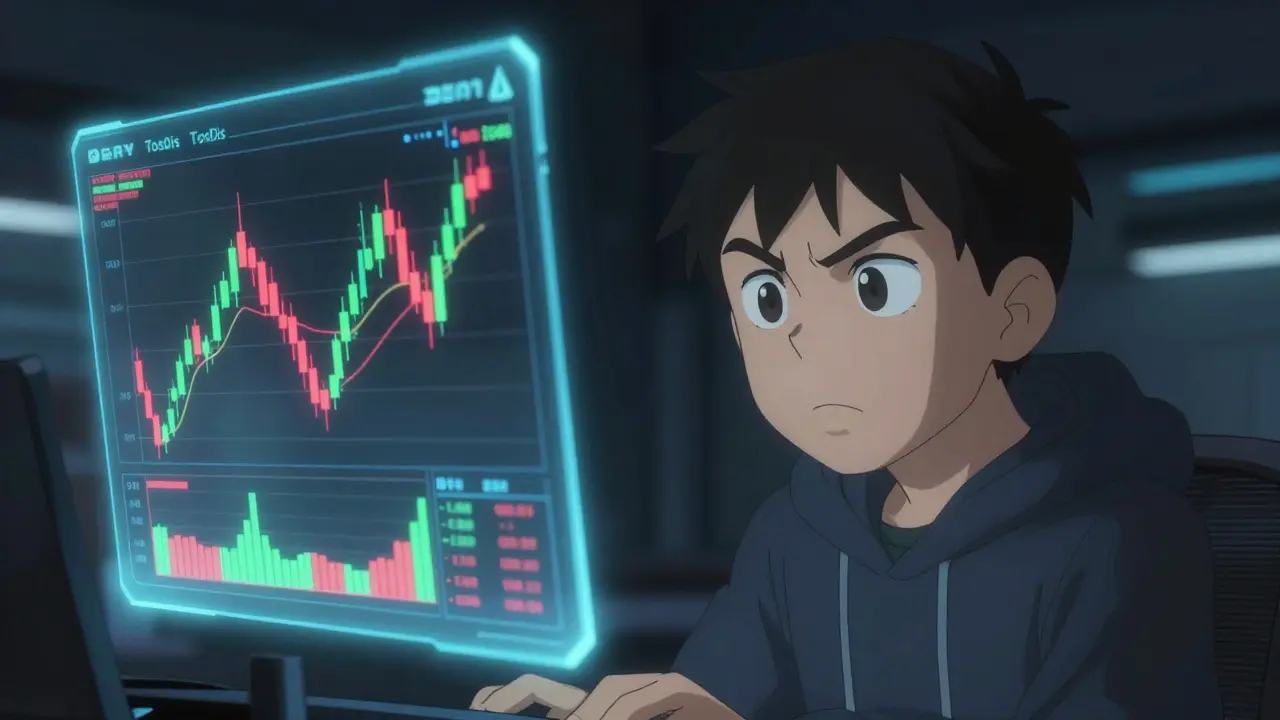 Anime trader analyzing volatile charts on a holographic screen