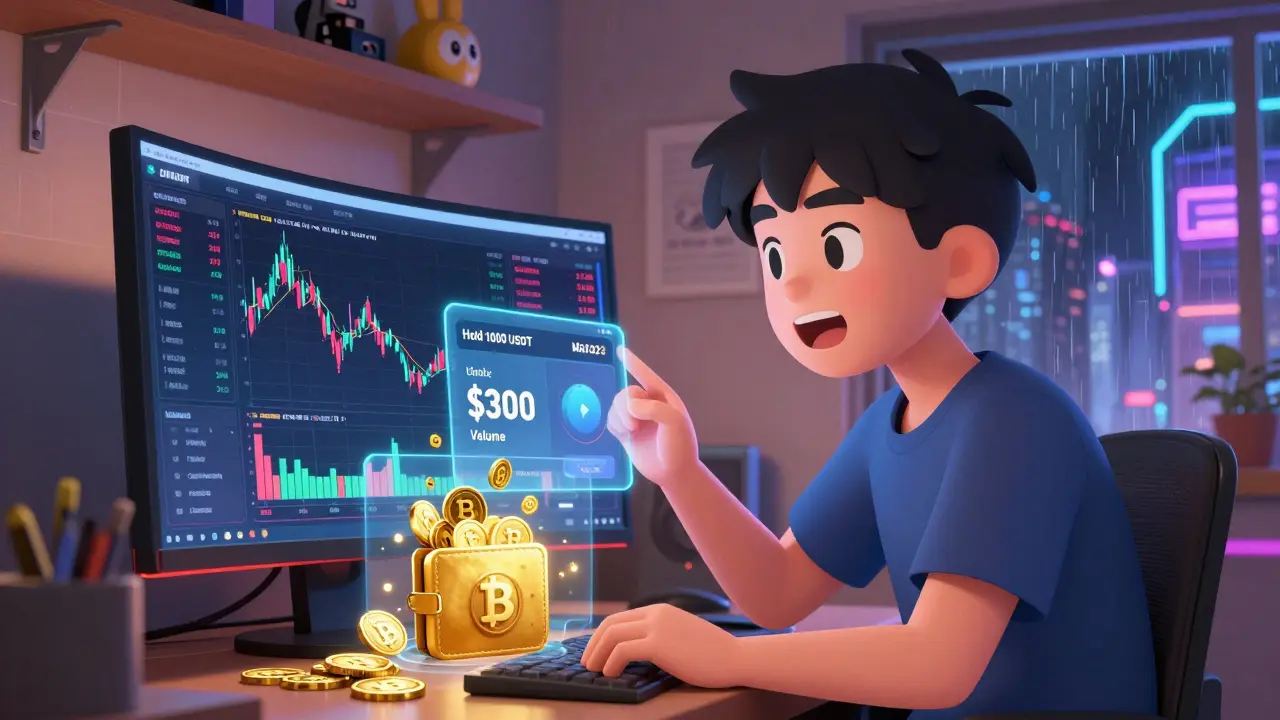 Anime trader monitoring exchange screens with floating BNC airdrop metrics