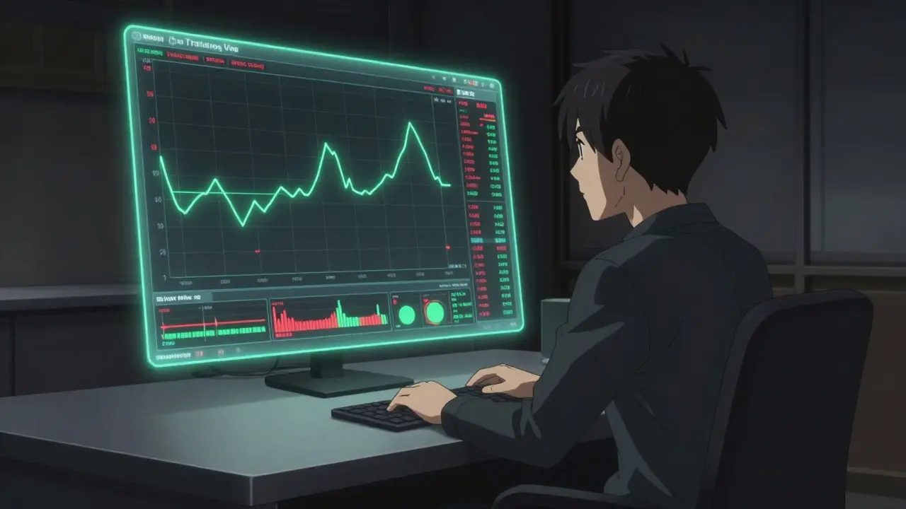 Anime trader viewing low liquidity charts on a holographic display
