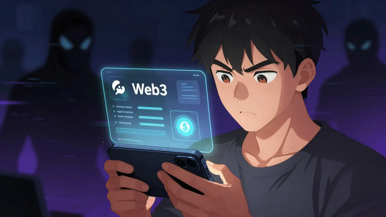 Anime user checking wallet while avoiding digital threats