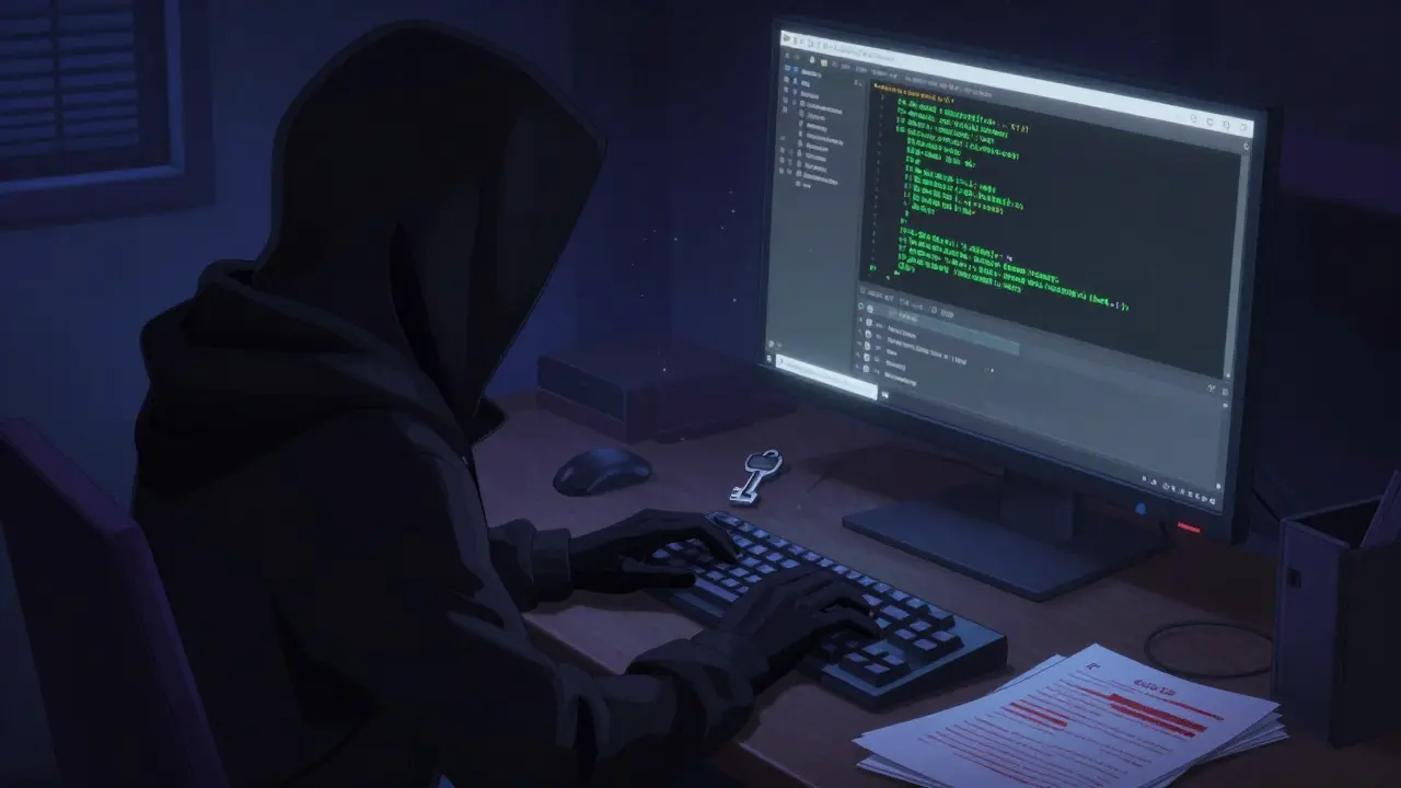 Anonymous hooded hacker typing code in a dimly lit anime room.
