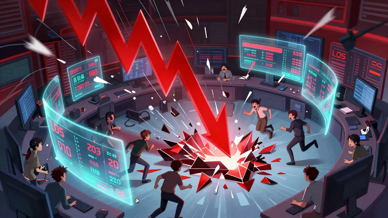 Chaotic anime scene of traders panicking over a crashing red stock chart.