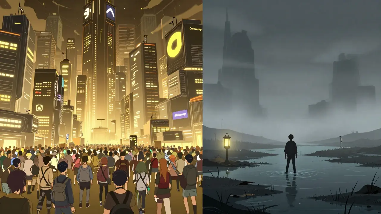 Contrast between busy major DEX city and lonely Miaswap wasteland