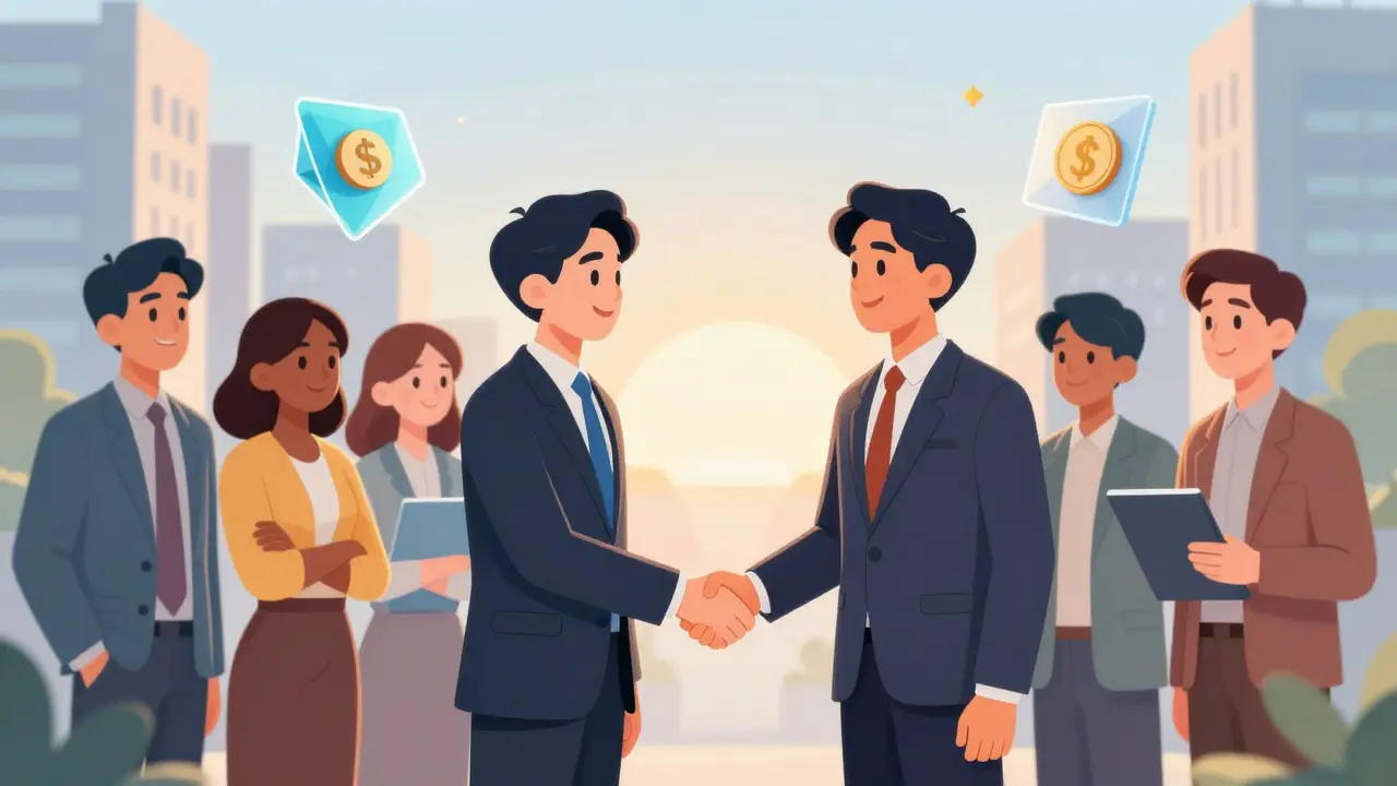 Corporate and retail investors shaking hands amid floating asset symbols