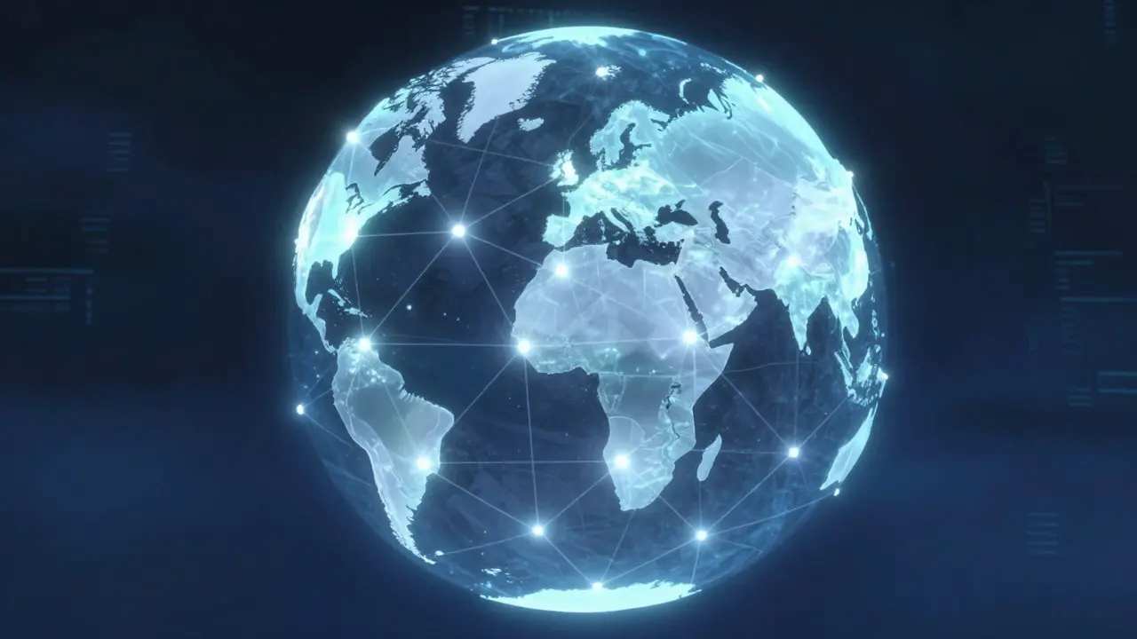 Glowing holographic globe showing decentralized global mining nodes
