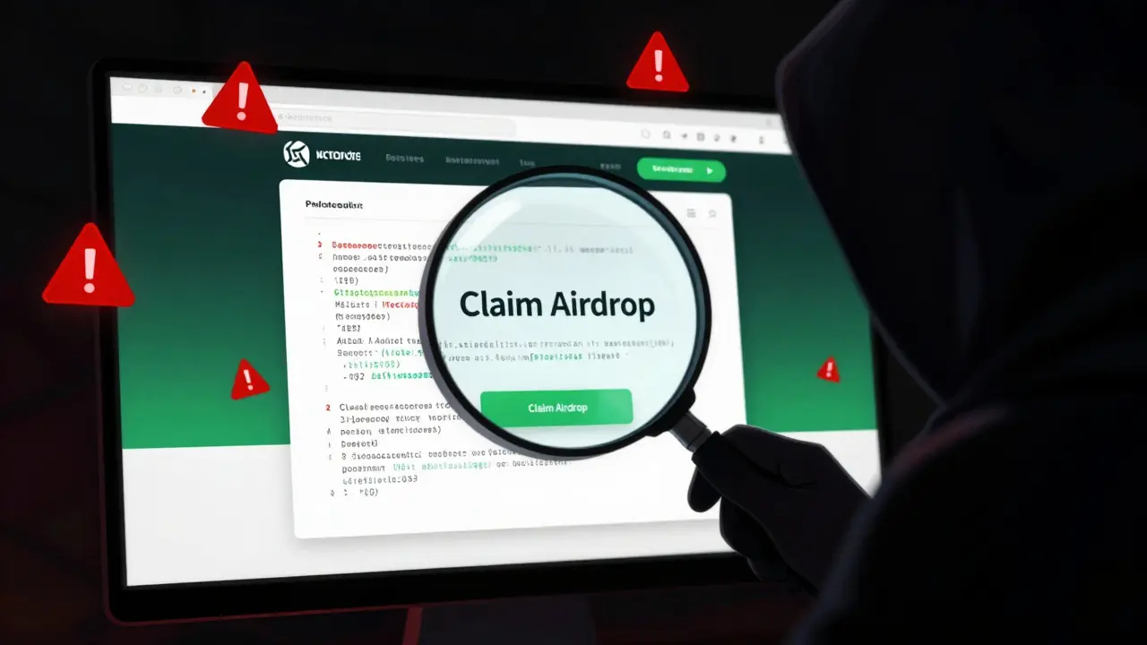 Hacker revealing malicious code behind a fake airdrop website with red warning signs.