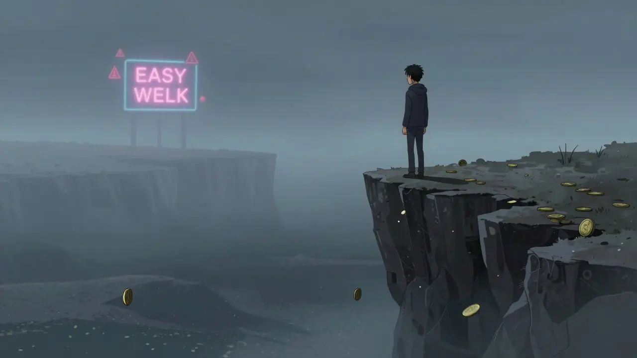 Lonely anime character standing near a cliff edge with fading coins