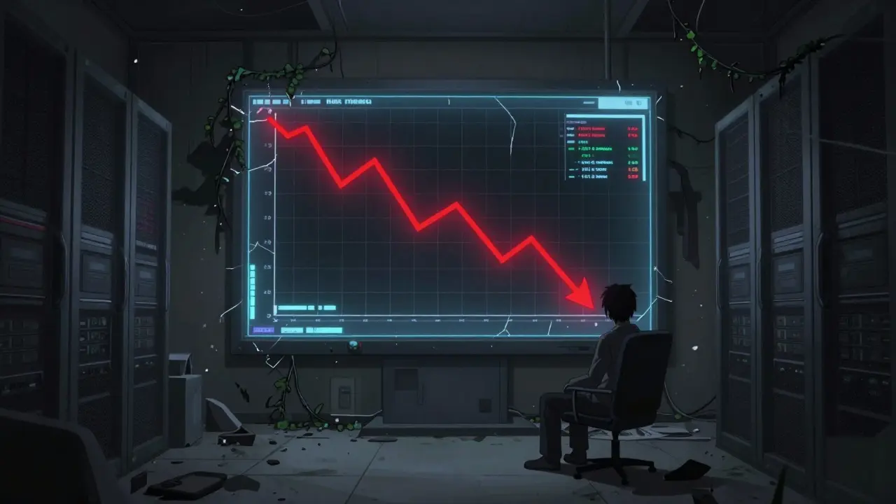 Melancholic anime scene of a dark room with a broken screen showing a crashing price chart.