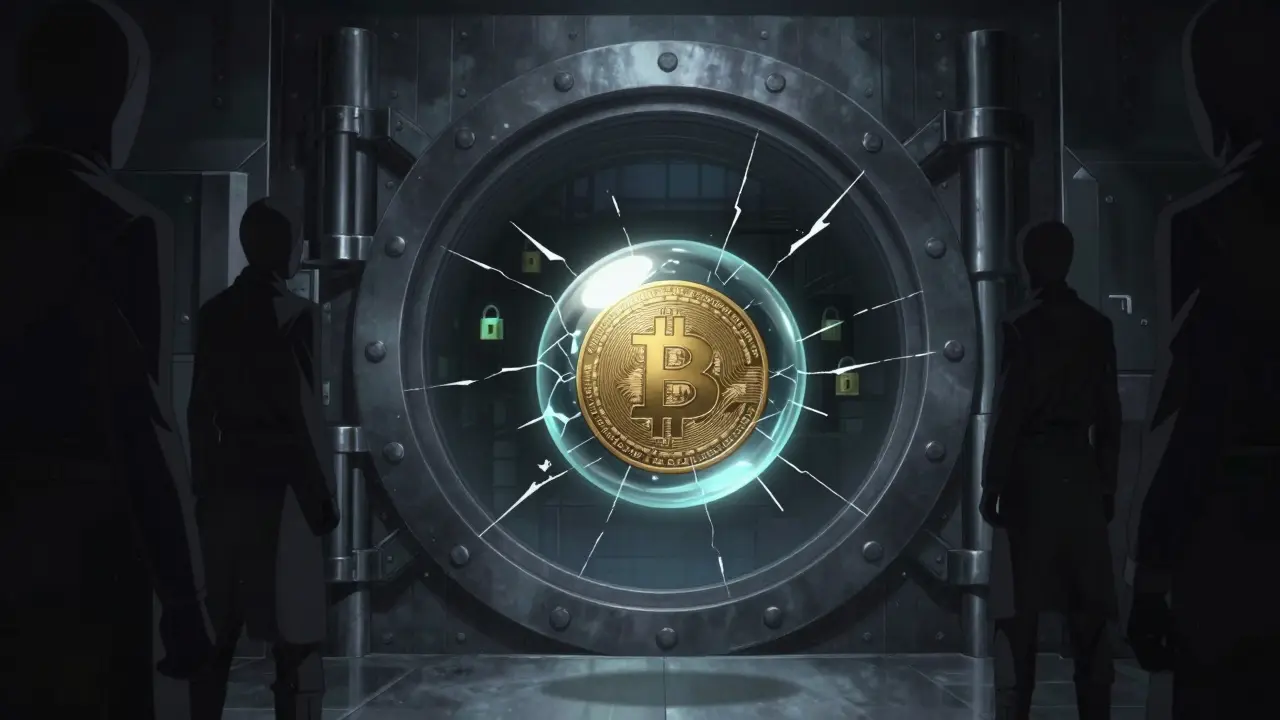 Ominous vault guarding assets with fragile wrapped token nearby