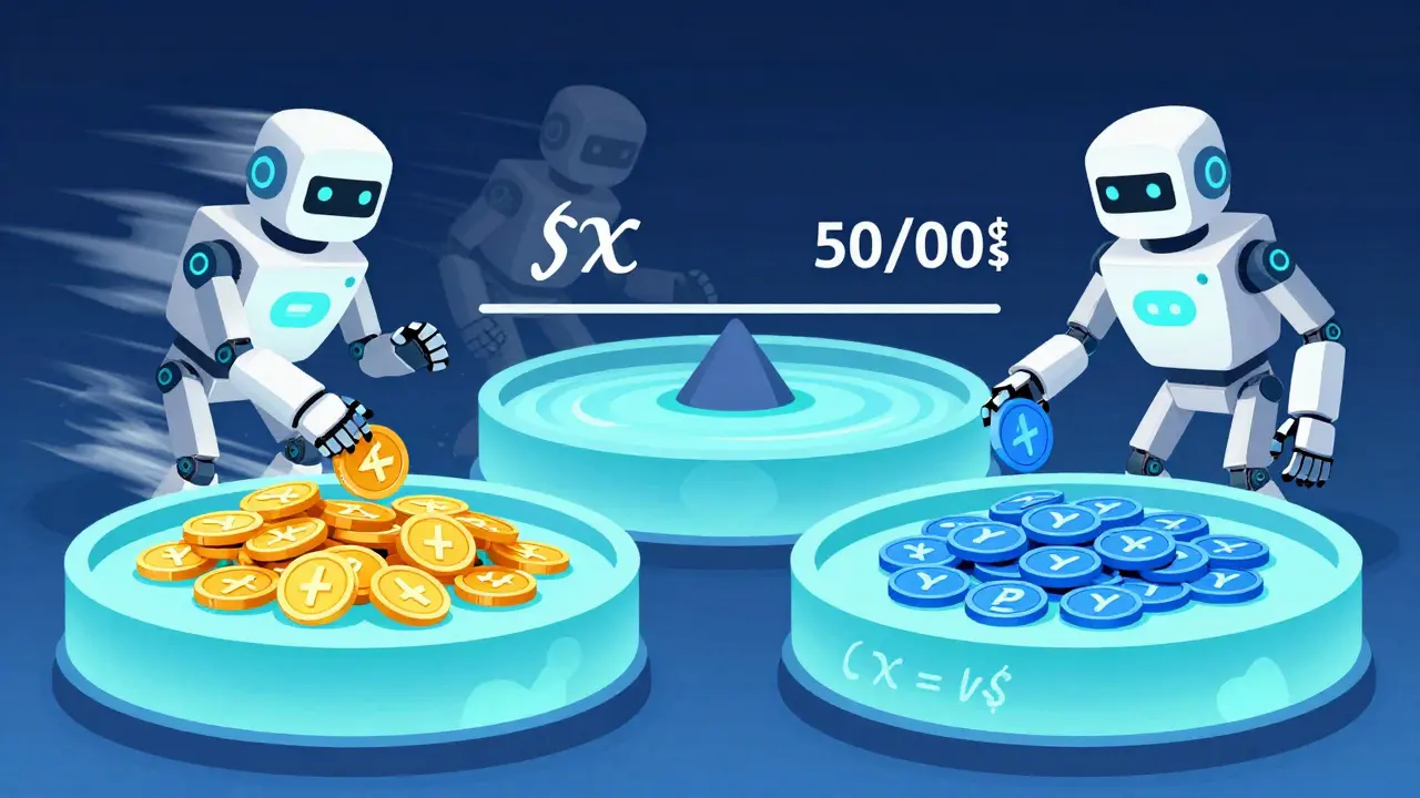 Robotic bots rebalancing crypto assets in anime style