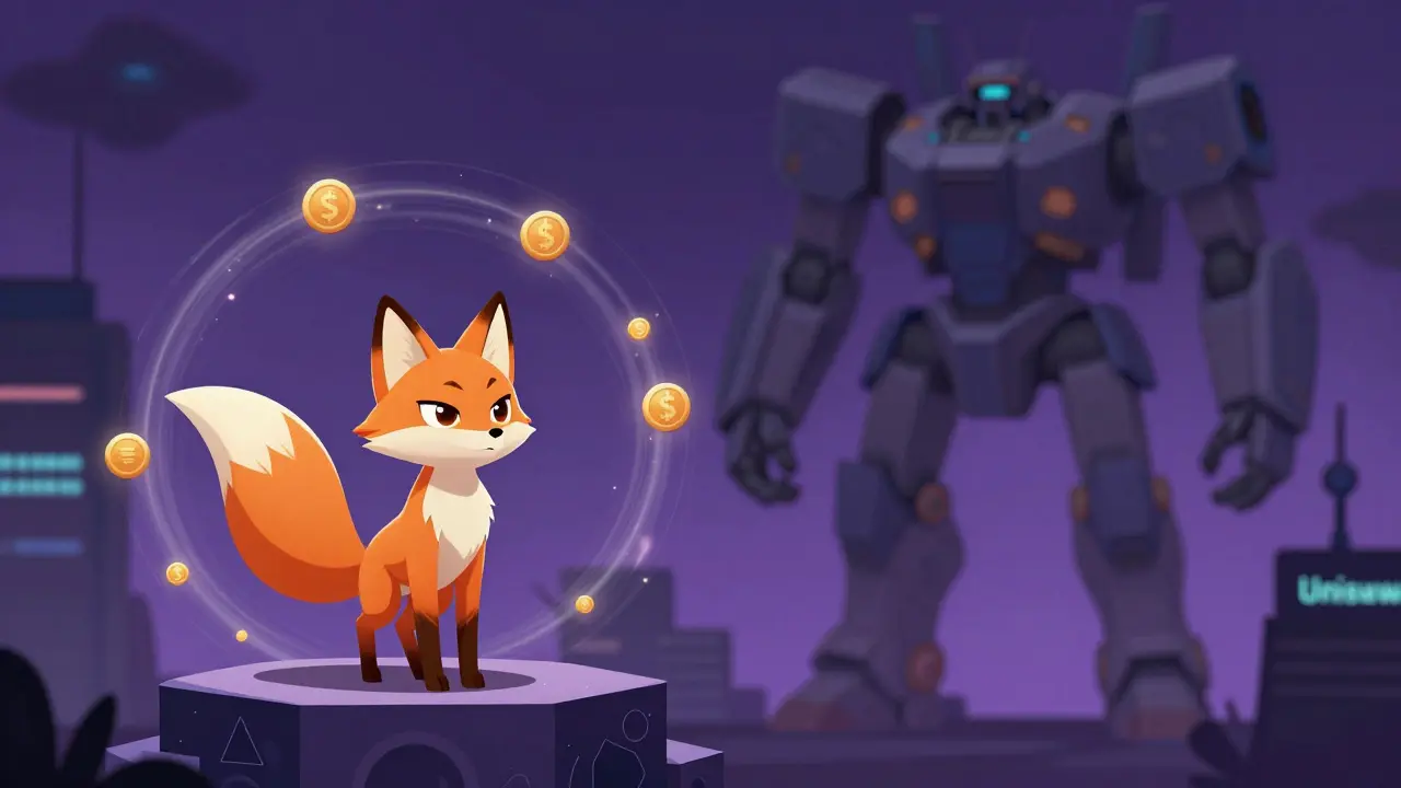 Small anime fox vs giant mechanical robots representing DEX market comparison