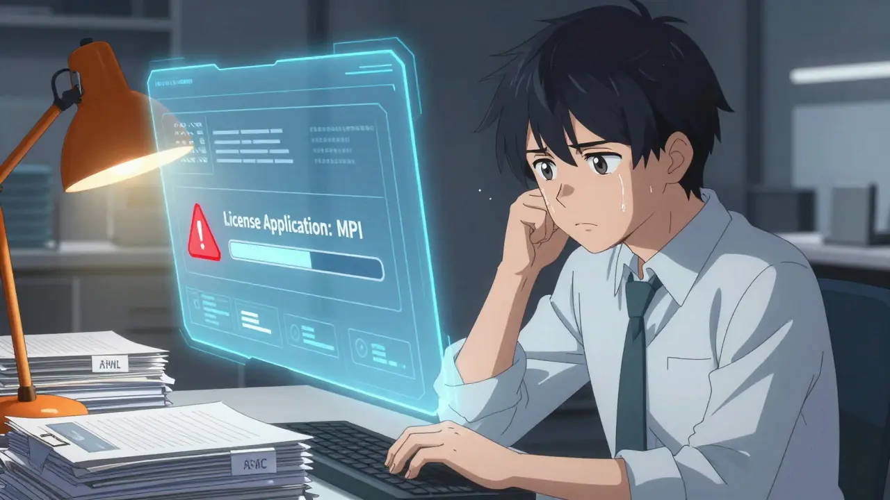 Stressed anime officer reviewing complex license application docs