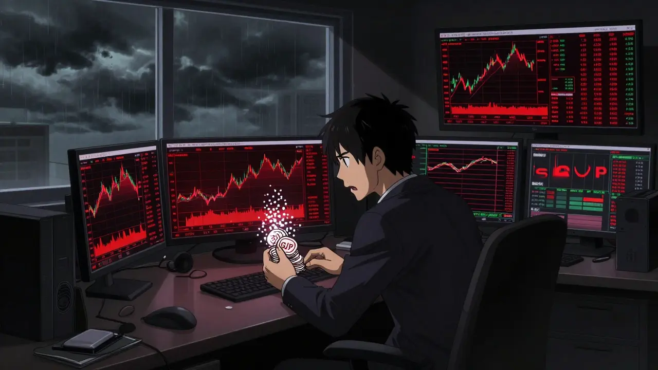 Stressed anime trader facing volatile crypto charts in dark room