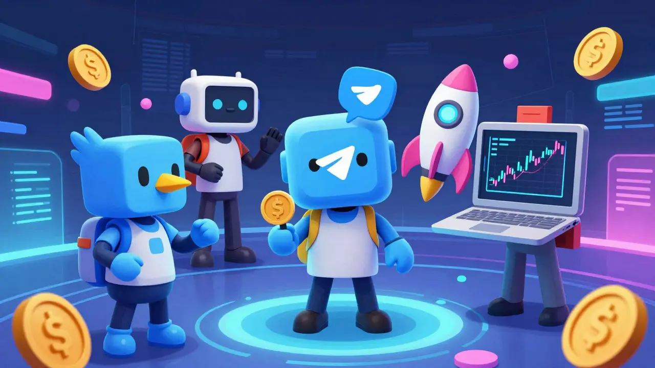 Stylized anime AI agents representing social media and trading functions