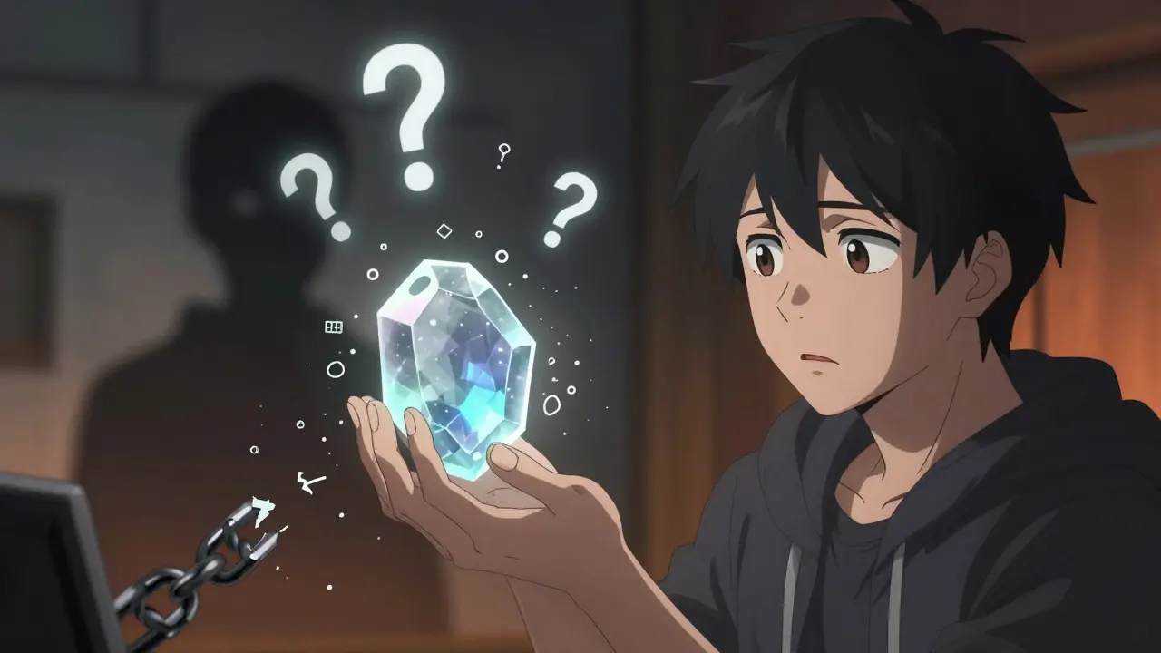 Anime art of a fading STONE token symbolizing missing governance and transparency issues.