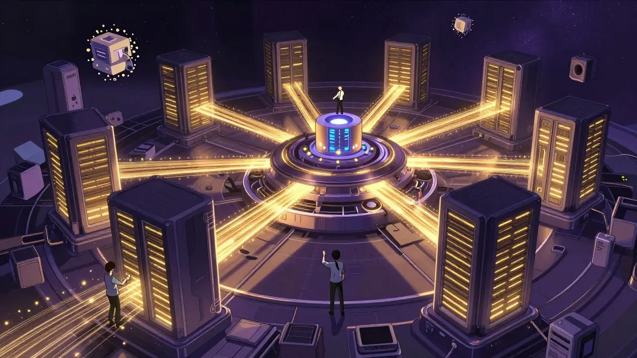 Anime artists managing a giant server network powering 3D graphics