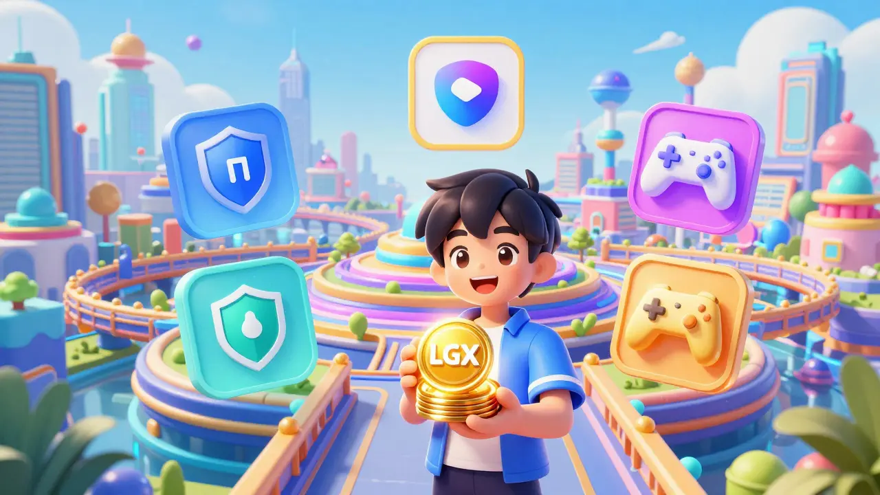 Anime avatar surrounded by floating icons representing gaming, NFTs, and wallet features.