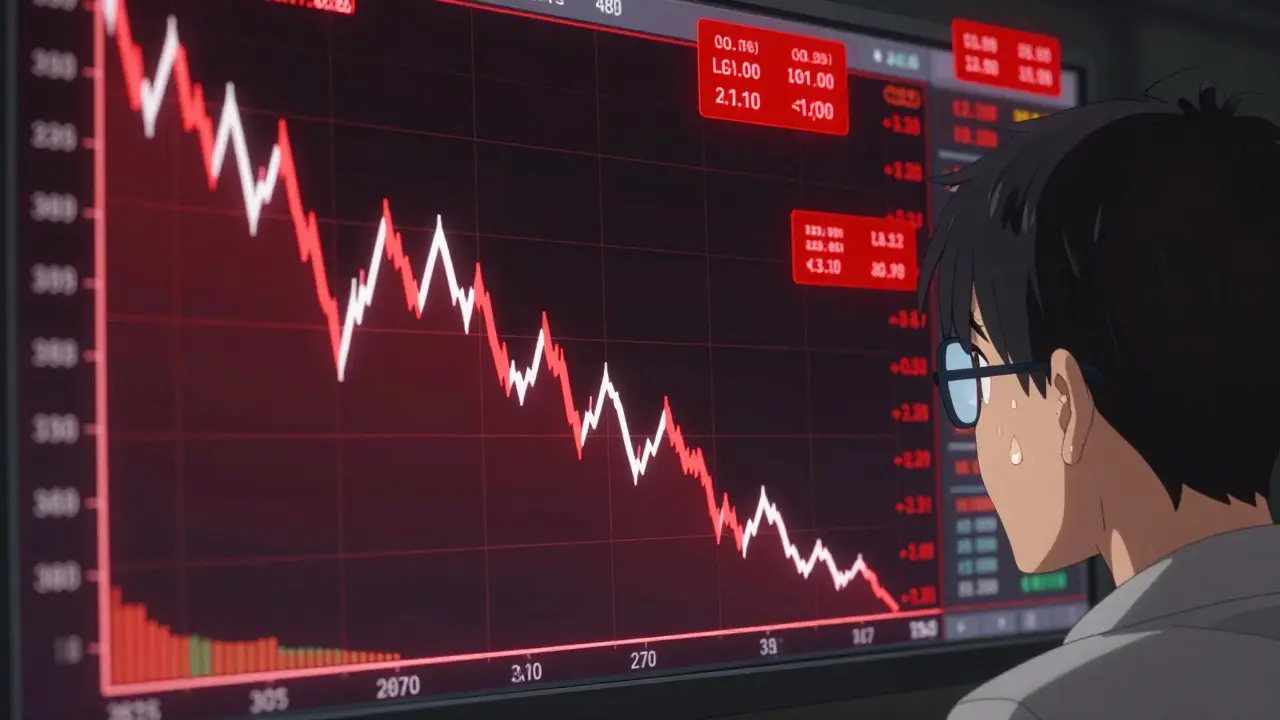 Anime character looking at chaotic charts showing wild price discrepancies