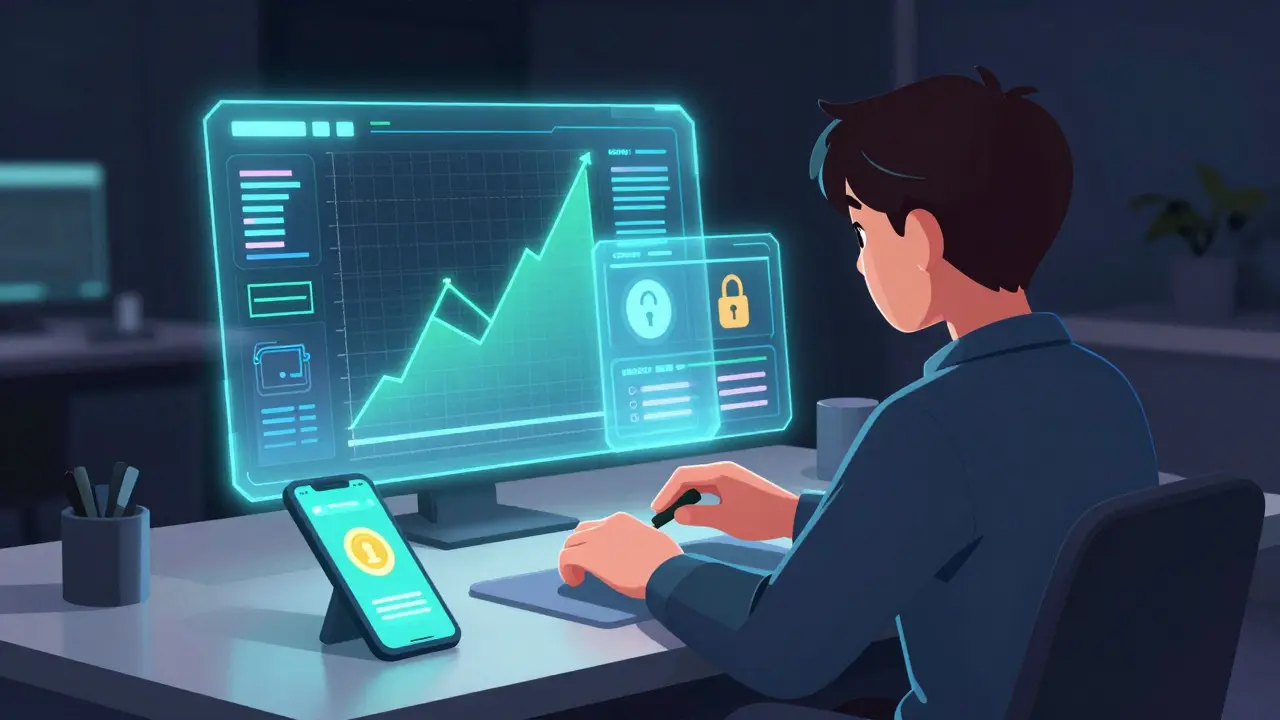 Anime character managing crypto assets on holographic screens