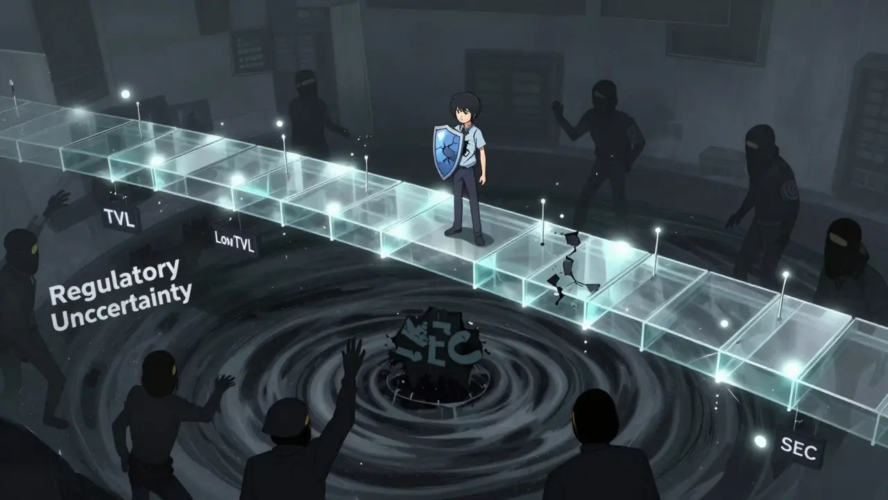 Anime character on fragile bridge over regulatory abyss