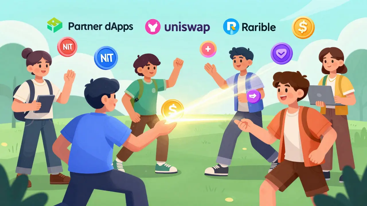 Anime characters exchanging NFTs and tokens in a digital space